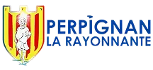 Blason de Perpignan avec un enfant debout et le texte Perpignan La Rayonnante en bleu.